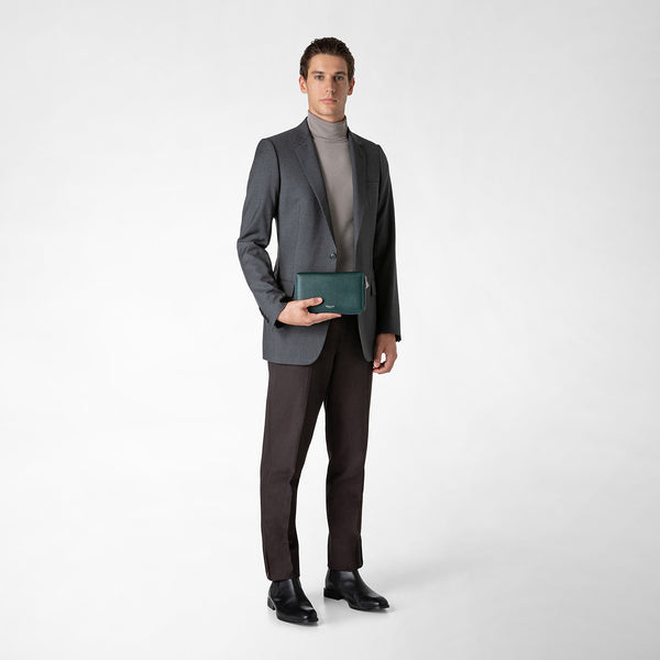 Travel companion with double zip in evoluzione leather - bottle green