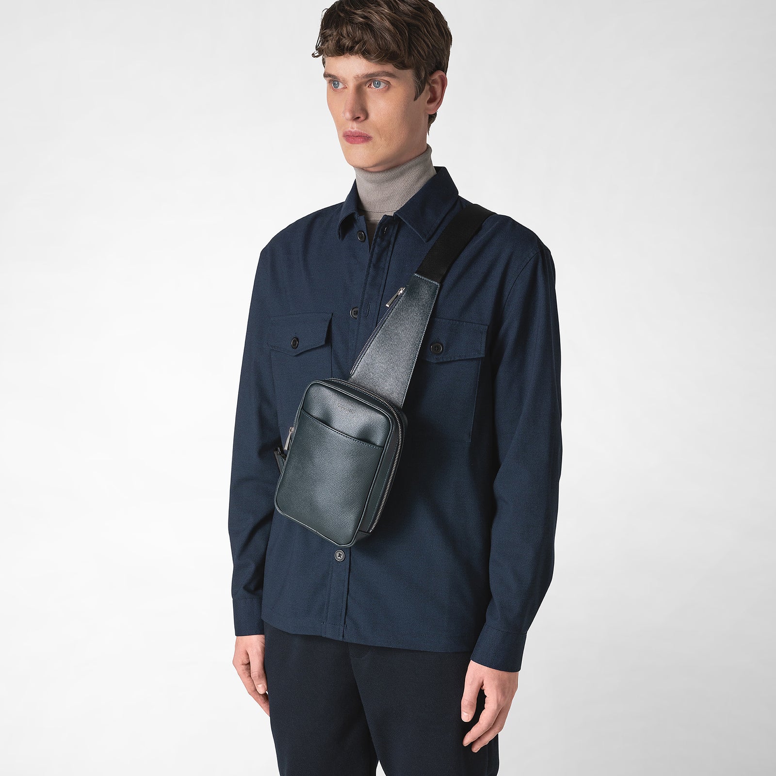 designer sling backpack leather Sling Backpack in Evoluzione Leather, Navy Blue