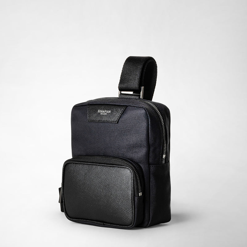 Sling bag in recycled twill and evoluzione leather - eclipse black