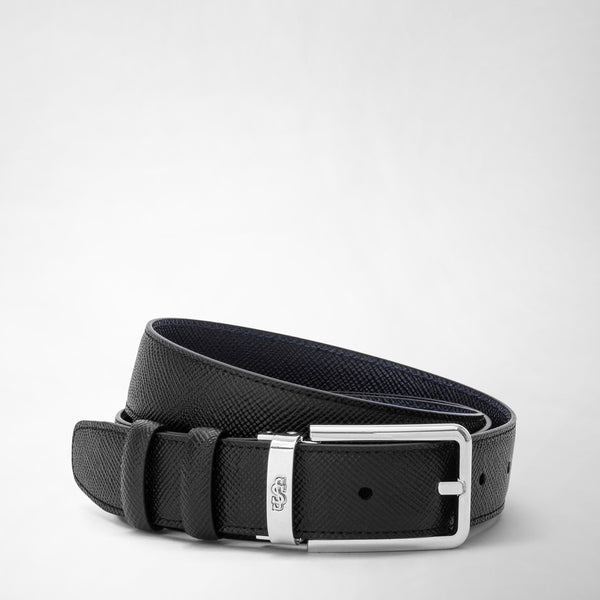 Reversible Belt in Blue Navy Saffiano and Brown Leather