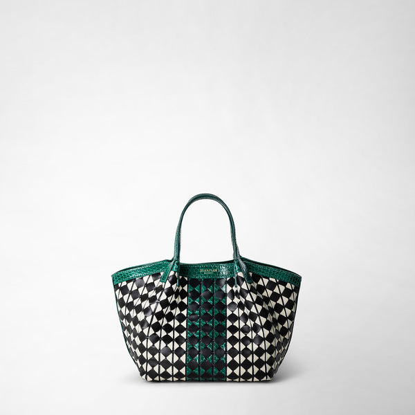 Mini secret bag in mosaico and elaphe - black/off-white/emerald