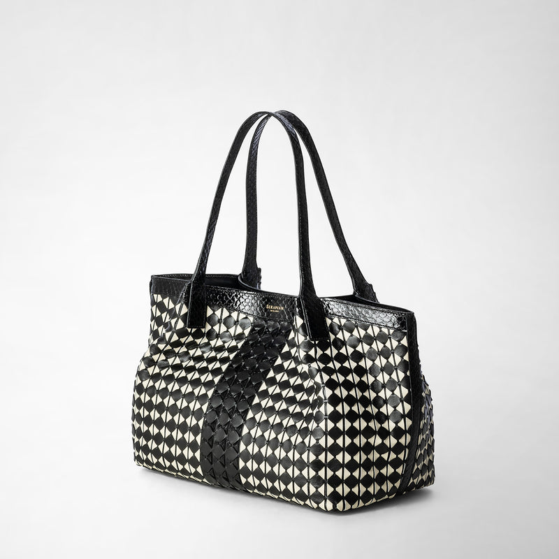 Tote bag secret piccola in mosaico ed elaphe - black/off white