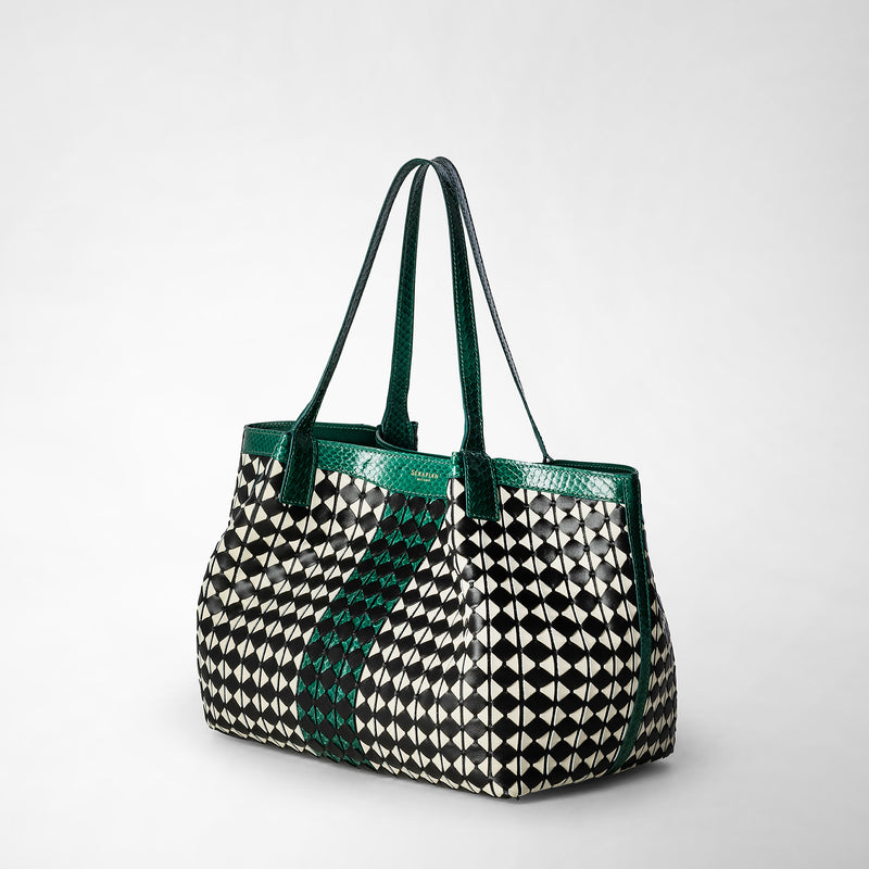 Sac cabas secret small en mosaico et elaphe - black/off-white/emerald