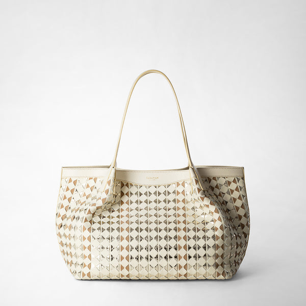 Tote bag secret piccola in mosaico ed elaphe - off white/beige/light gold