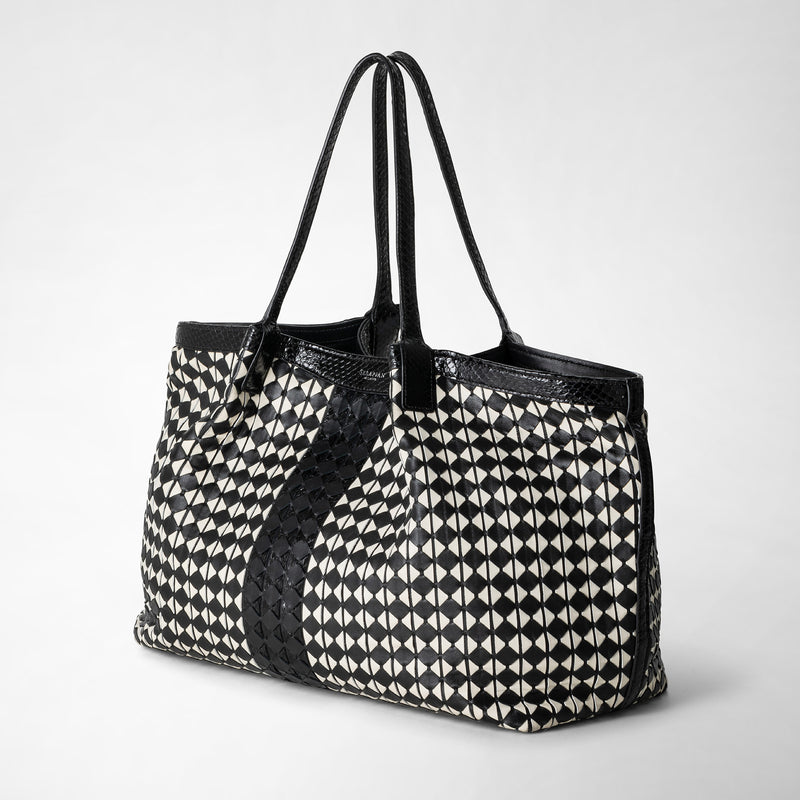 Secret tote bag in mosaico and elaphe - black/off-white