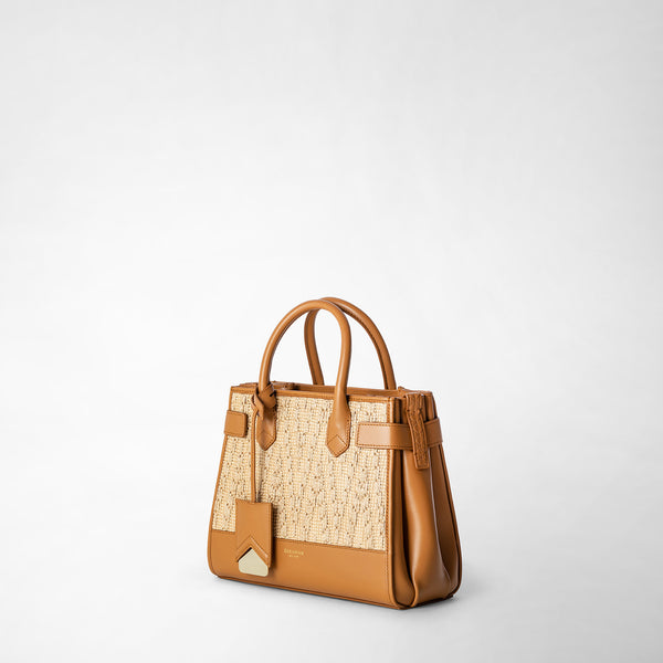 Meline' handbag in raffia and seta leather - natural/caramel