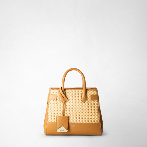 Meline' handbag in raffia and seta leather - natural/almond