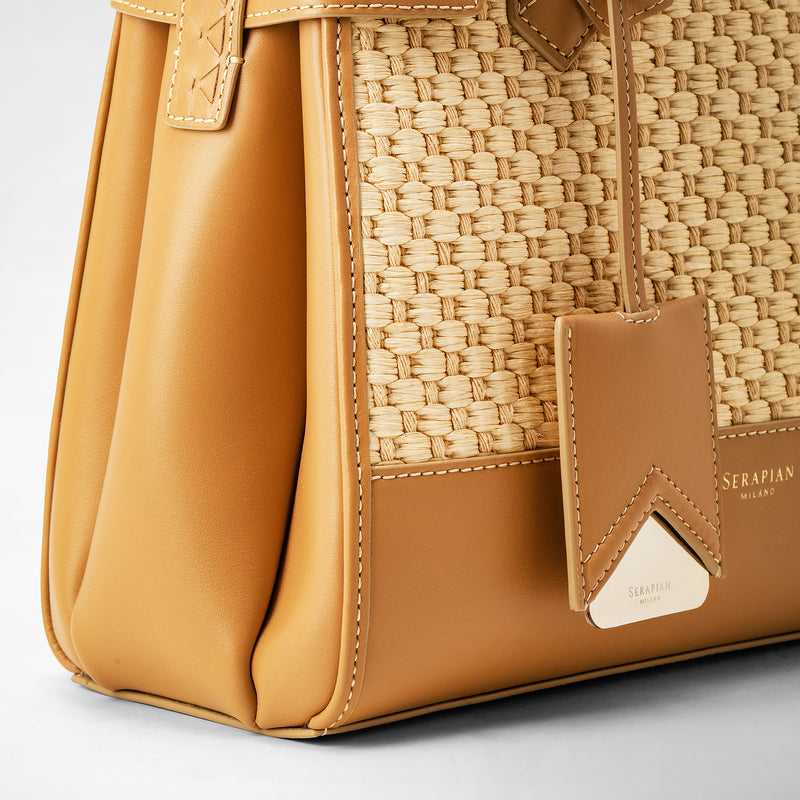 Meline' handbag in raffia and seta leather - natural/almond