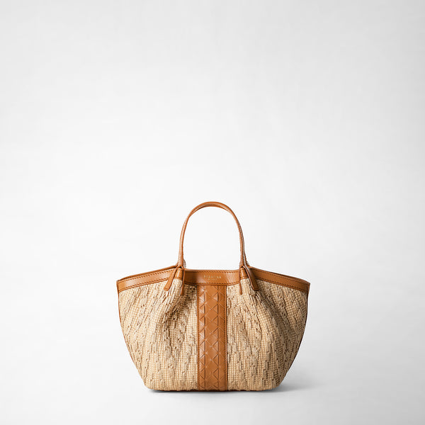 Sac secret mini en raphia et cuir seta - natural/caramel