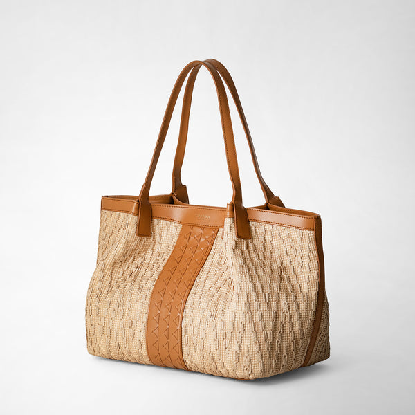 Small secret tote bag in raffia and seta leather - natural/caramel