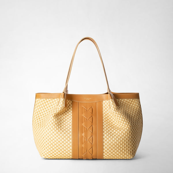 Small secret tote bag in raffia and seta leather - natural/almond