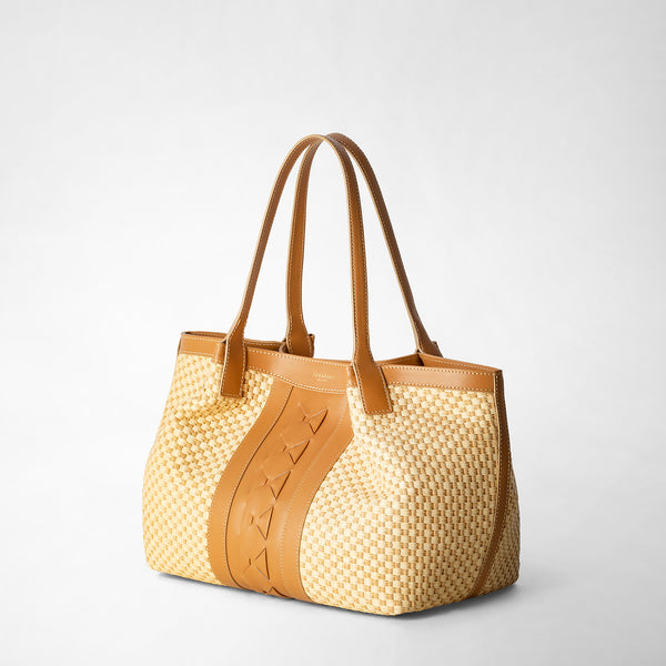 Small secret tote bag in raffia and seta leather - natural/almond