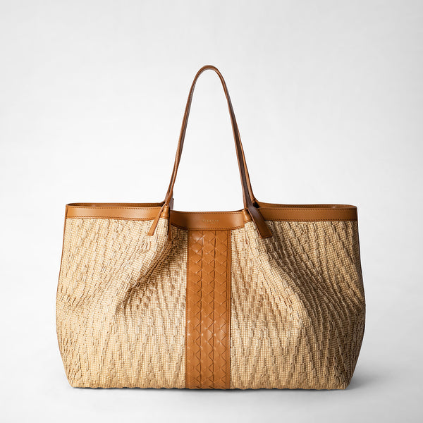 Secret tote bag in raffia and seta leather - natural/caramel
