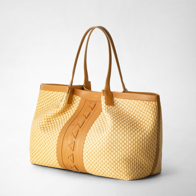 Secret tote bag in raffia and seta leather - natural/almond