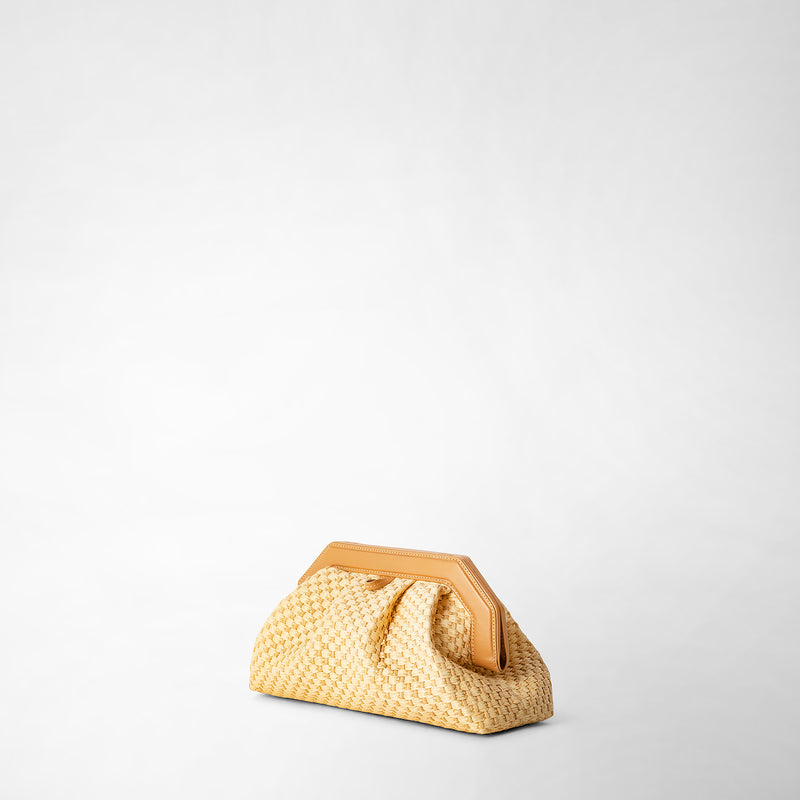 Secret clutch bag in raffia and seta leather - natural/almond