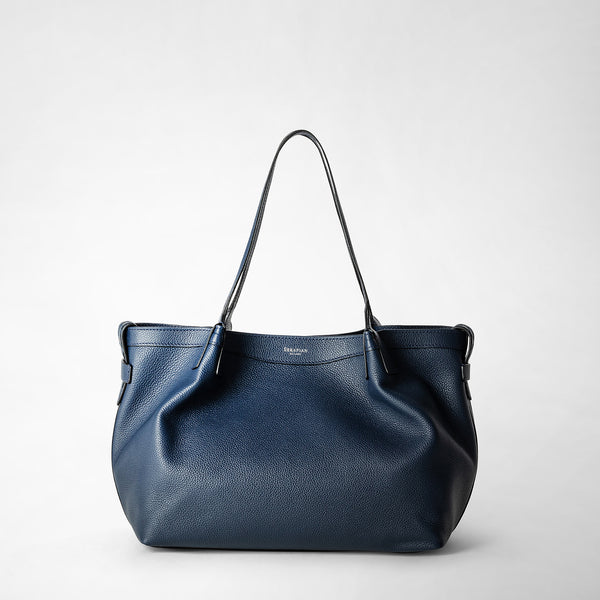 Small secret tote bag in rugiada leather - navy blue