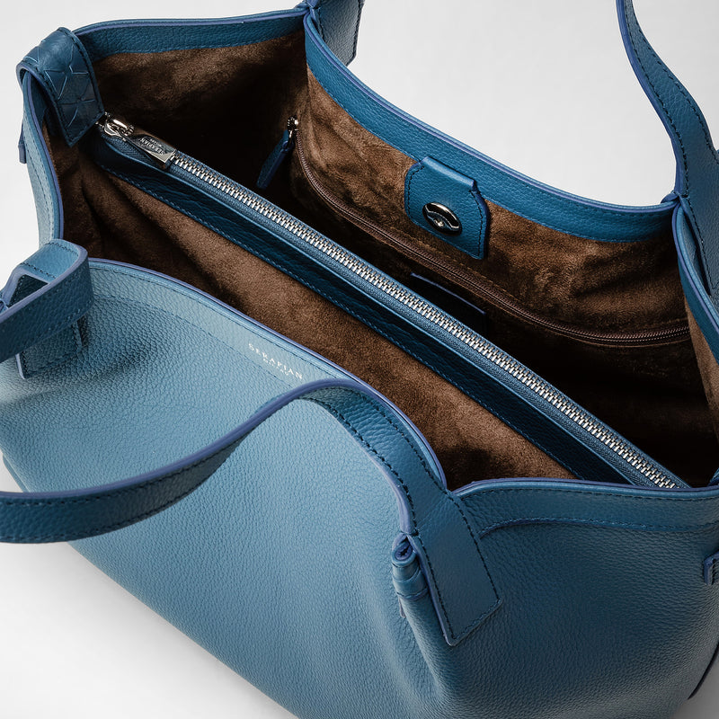 Small secret tote bag in rugiada leather - blue jeans