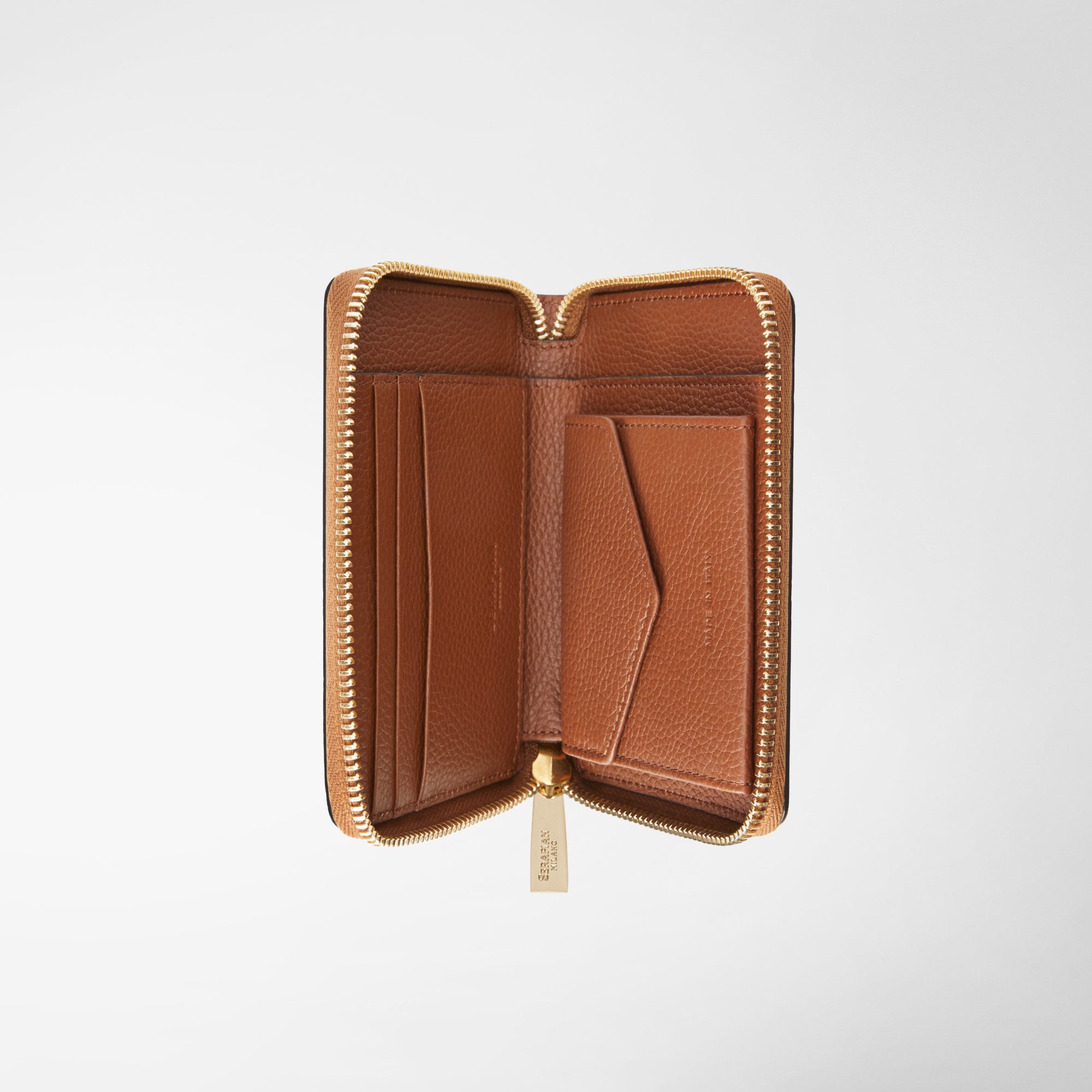 Serapian Mini Zip Around Wallet in Rugiada Leather, Woman, Cuoio