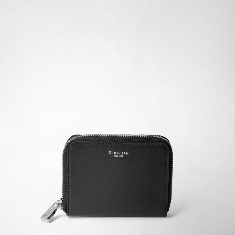 Small zip-around wallet in seta leather - black