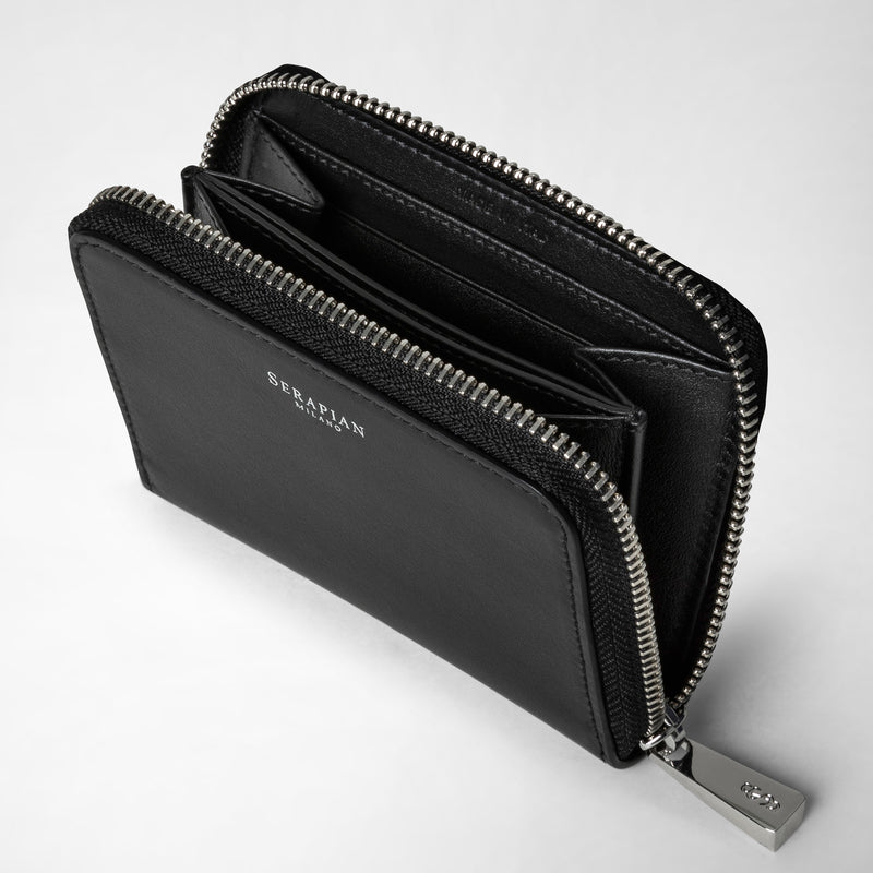 Small zip-around wallet in seta leather - black