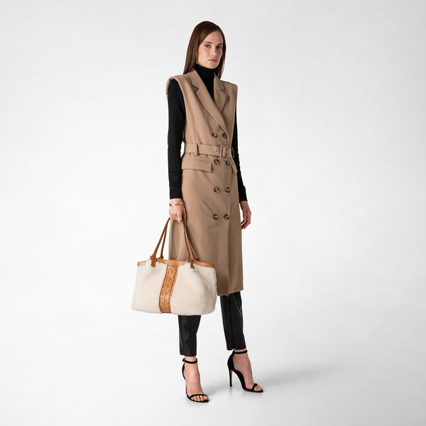 Tote bag secret piccola in shearling - off white/caramel