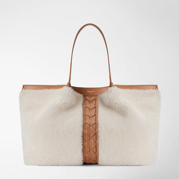 Tote bag secret in shearling  - off white/caramel