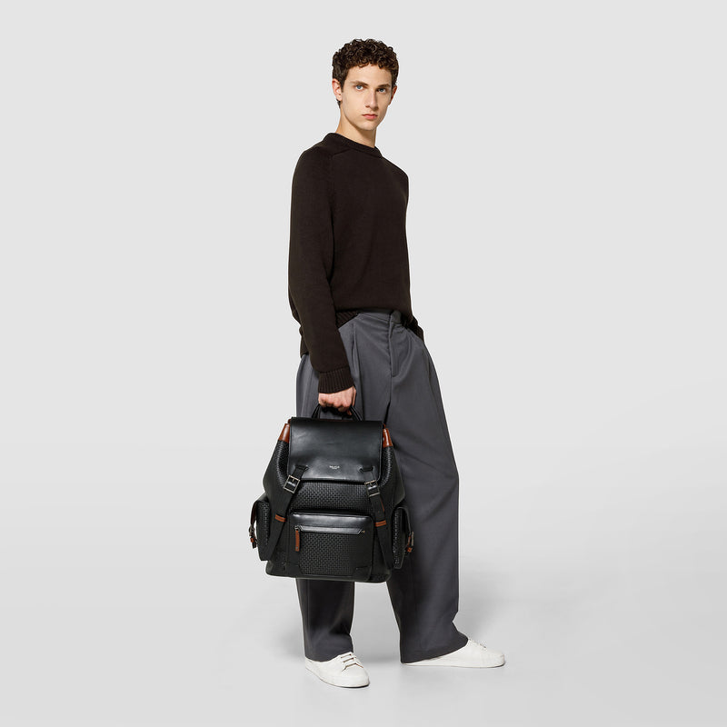 Large backpack in stepan 72 - black/black/cuoio