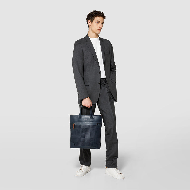 Vertical tote bag in stepan 72 - ocean blue/navy/cuoio