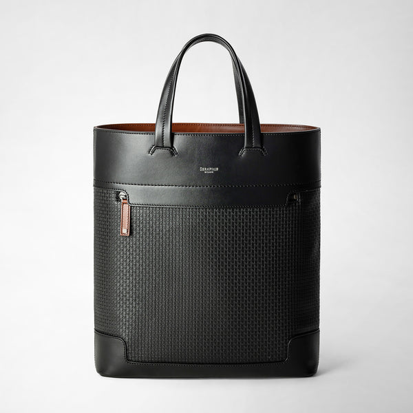 Vertical tote bag in stepan 72 - black/black/cuoio